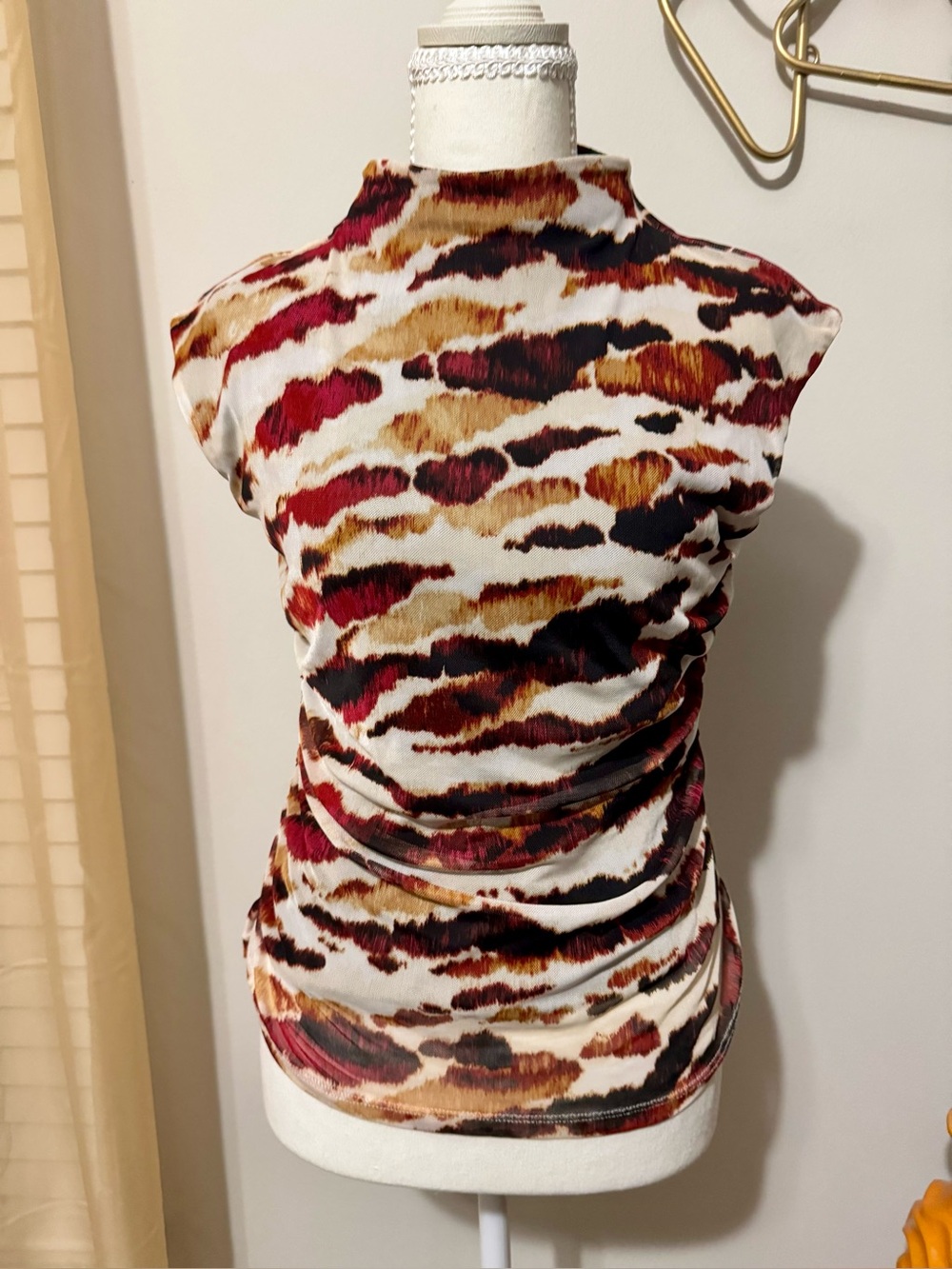 DKNY Multi-Color Abstract Mock Neck Tank — White, Burgundy & Brown
